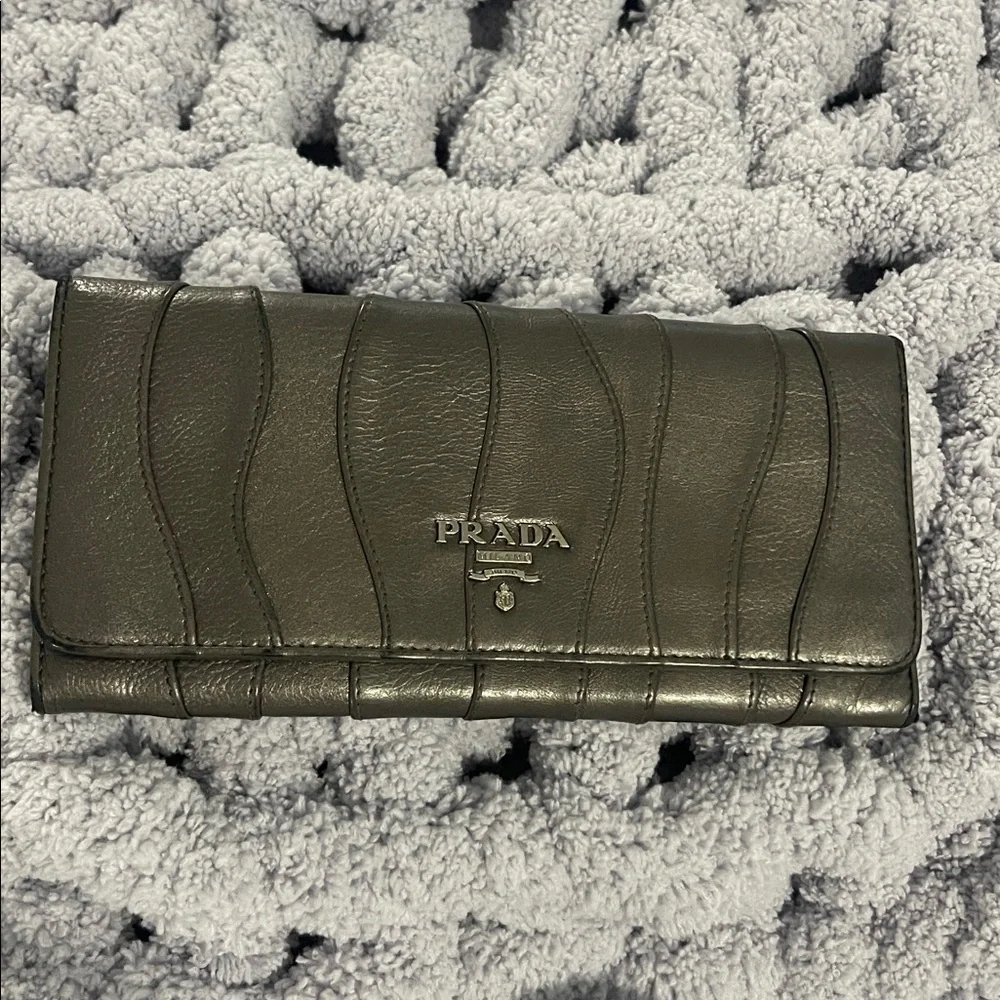 Prada Metallic Gun Metal Gray Leather Wallet